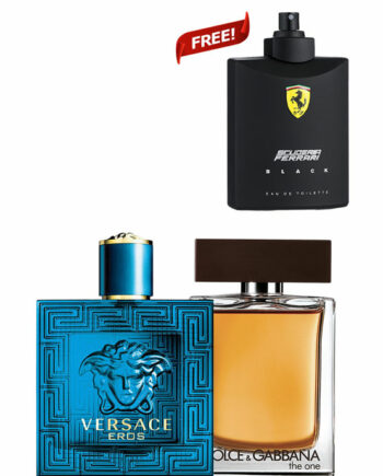 Bundle for Men: Eros for Men, edT 100ml by Versace + The One for Men, edT 100ml by Dolce and Gabbana + Scuderia Ferrari Black - Tester without Cap - for Men, edT 125ml by Ferrari Free!